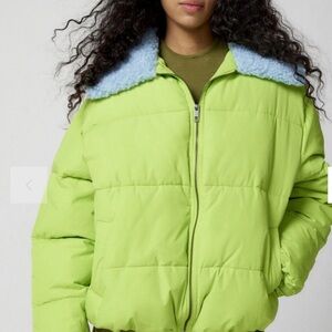 UO Duckie Faux Shearling Collar Puffer Jacket Green Blue NWOT